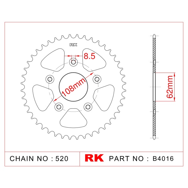 RK Corona de Acero de 39 Dientes. Paso de Cadena 520
