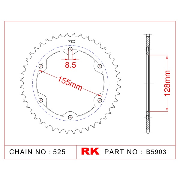 RK Corona de Acero en Negro de 39 Dientes. Paso de cadena 525