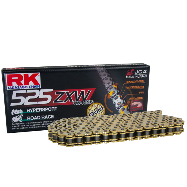 RK Cadena 525ZXW con 114 Eslabones con Enganche para Remachar en Color Oro